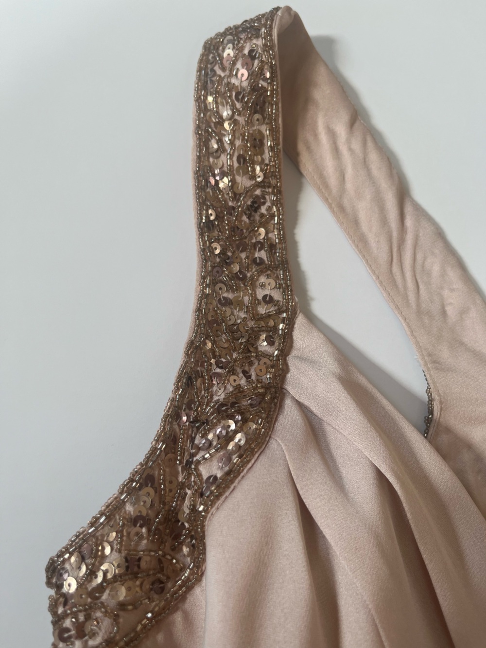 Aidan Mattox Champange Rose Gold Sequin Pleated Satin Long Formal Open Back Gown - Picture 5 of 15